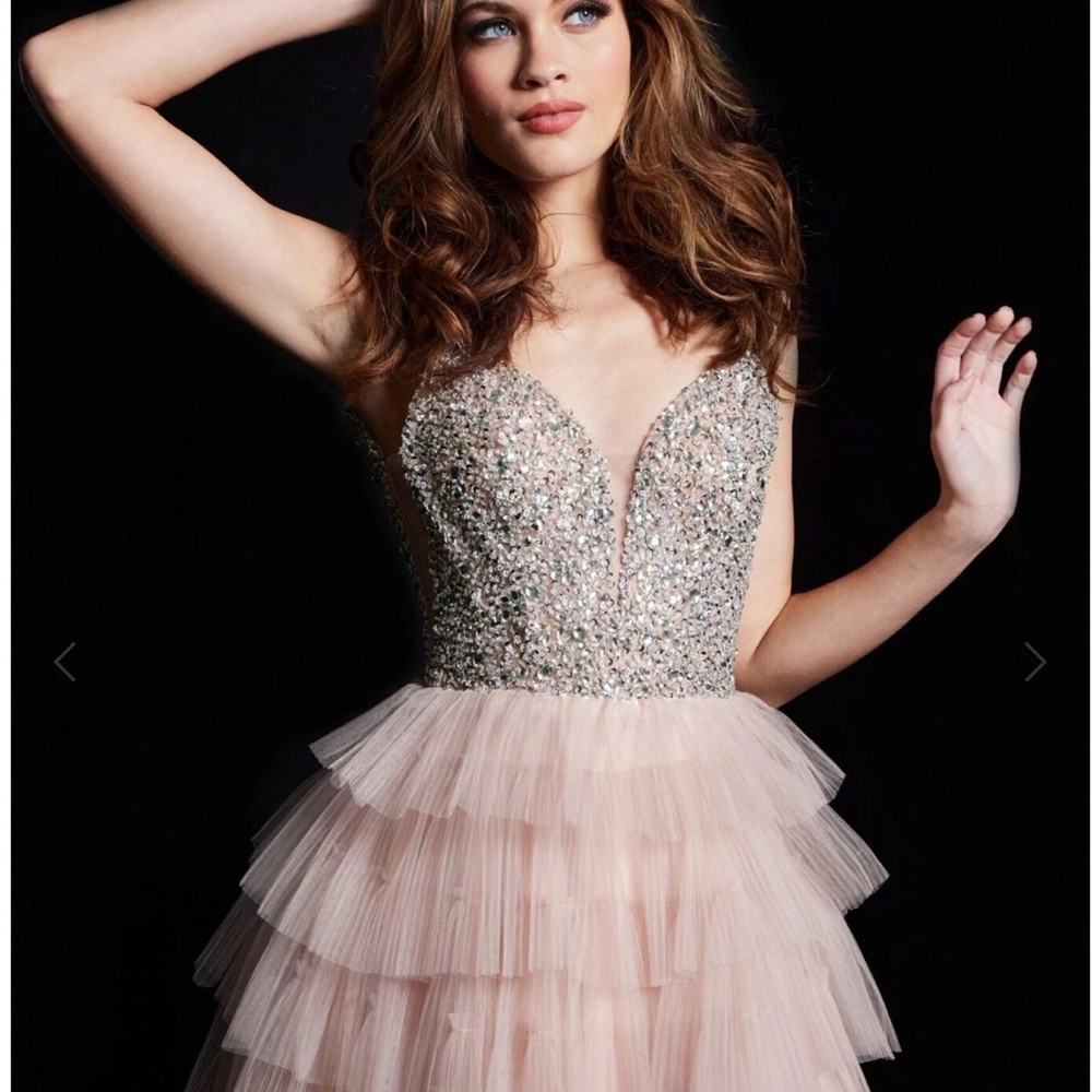 BNNW Jovani Blush Tiered Prom Dress with Delicate Embellished Bodice.